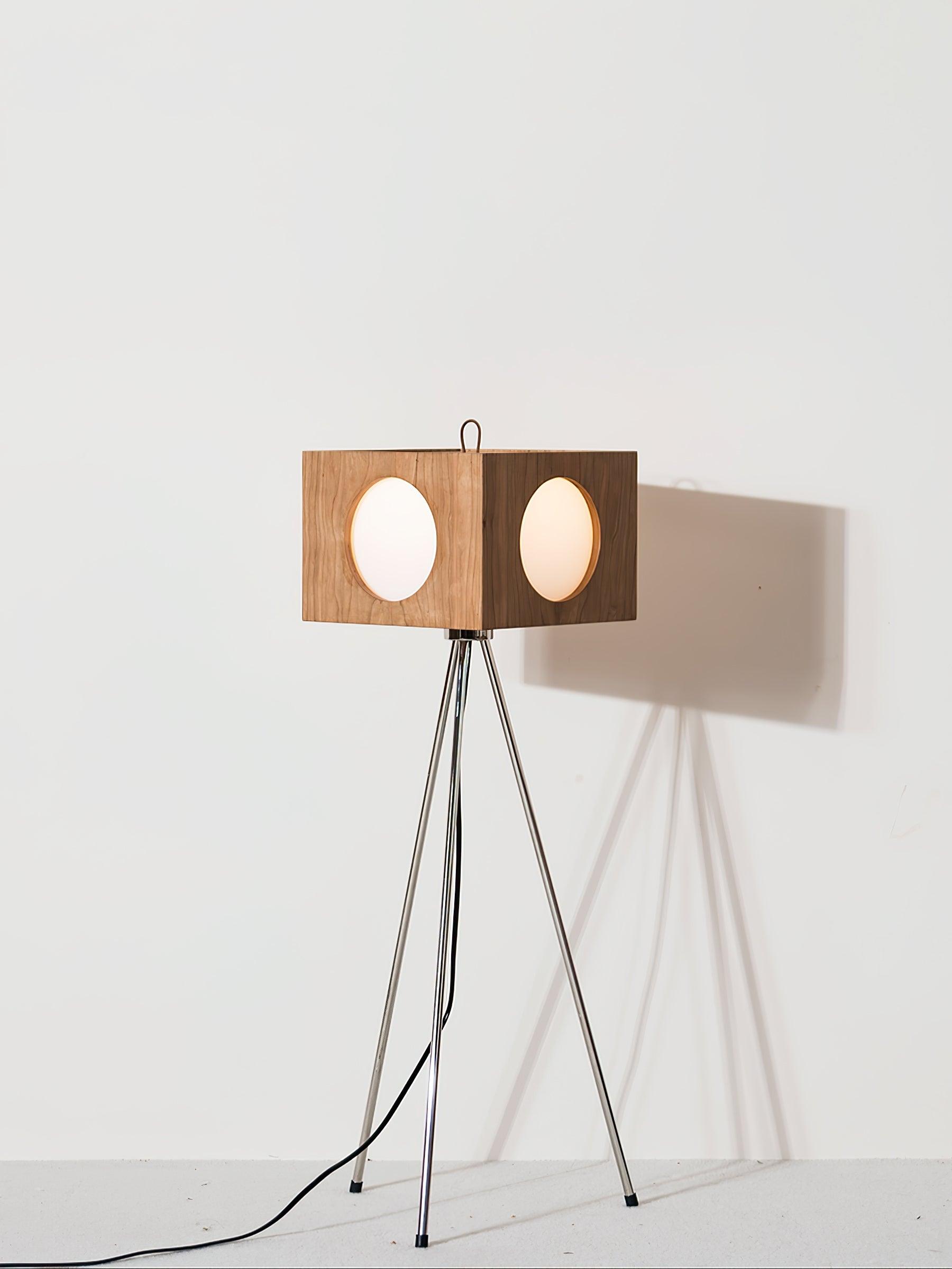 Industrial Vintage Camera Style Tripod Floor Lamp in Cherry Wood Finish