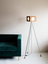 Industrial Vintage Camera Style Tripod Floor Lamp in Cherry Wood Finish
