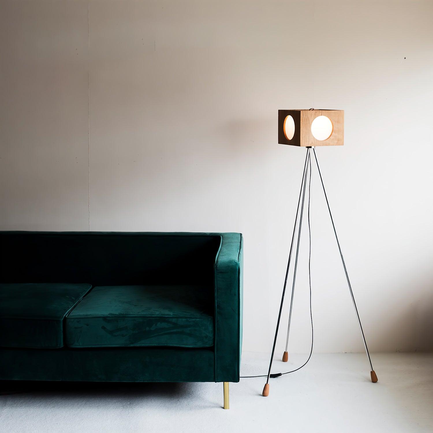 Industrial Vintage Camera Style Tripod Floor Lamp in Cherry Wood Finish