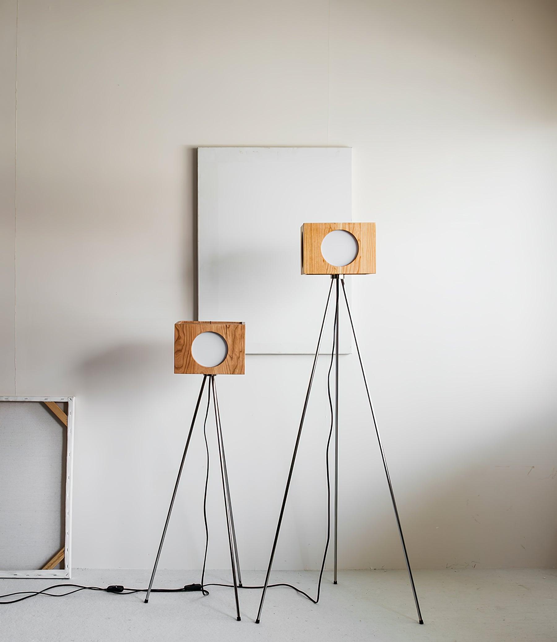 Industrial Vintage Camera Style Tripod Floor Lamp in Cherry Wood Finish