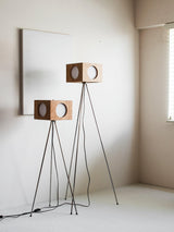 Industrial Vintage Camera Style Tripod Floor Lamp in Cherry Wood Finish