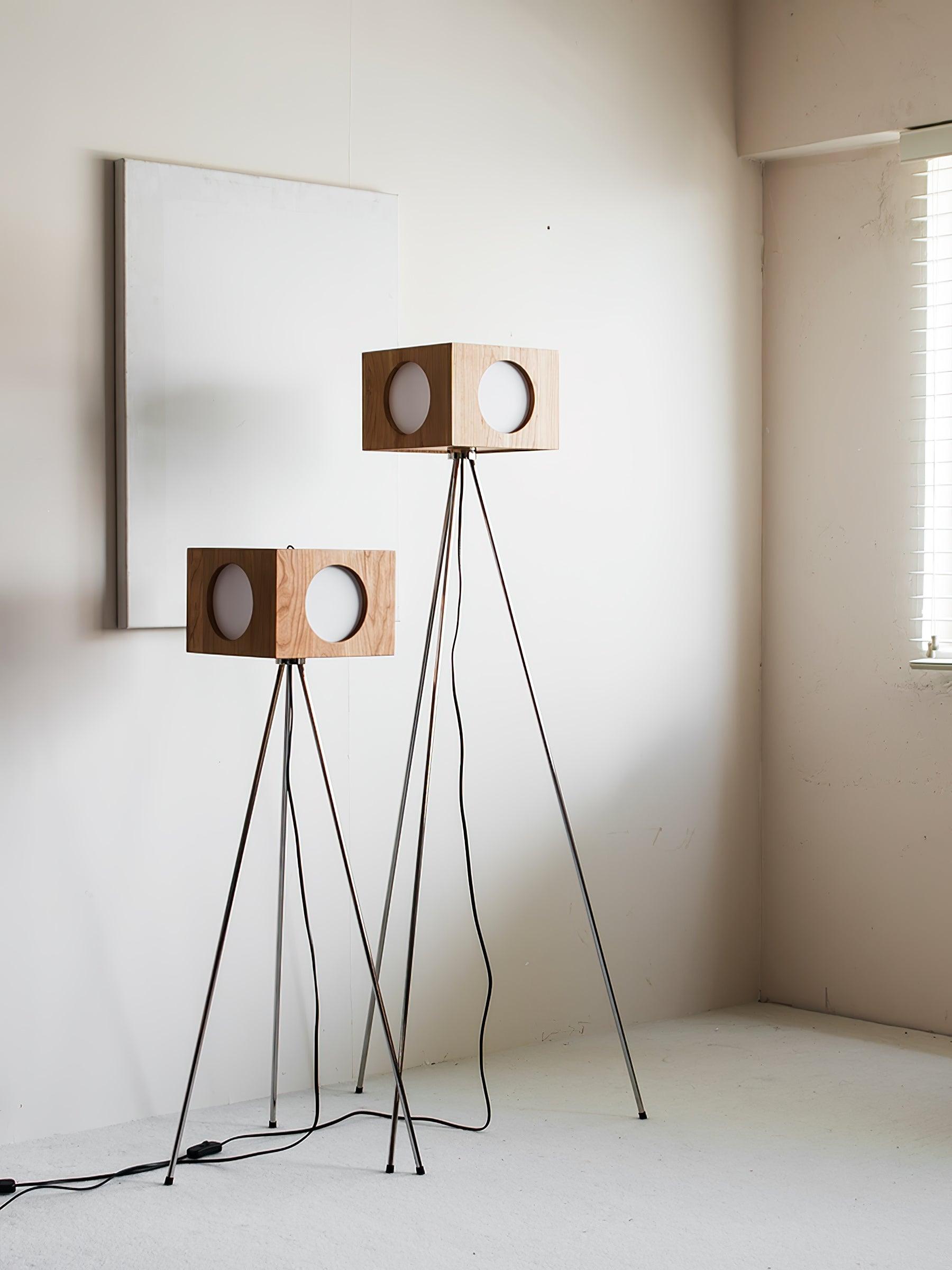 Industrial Vintage Camera Style Tripod Floor Lamp in Cherry Wood Finish