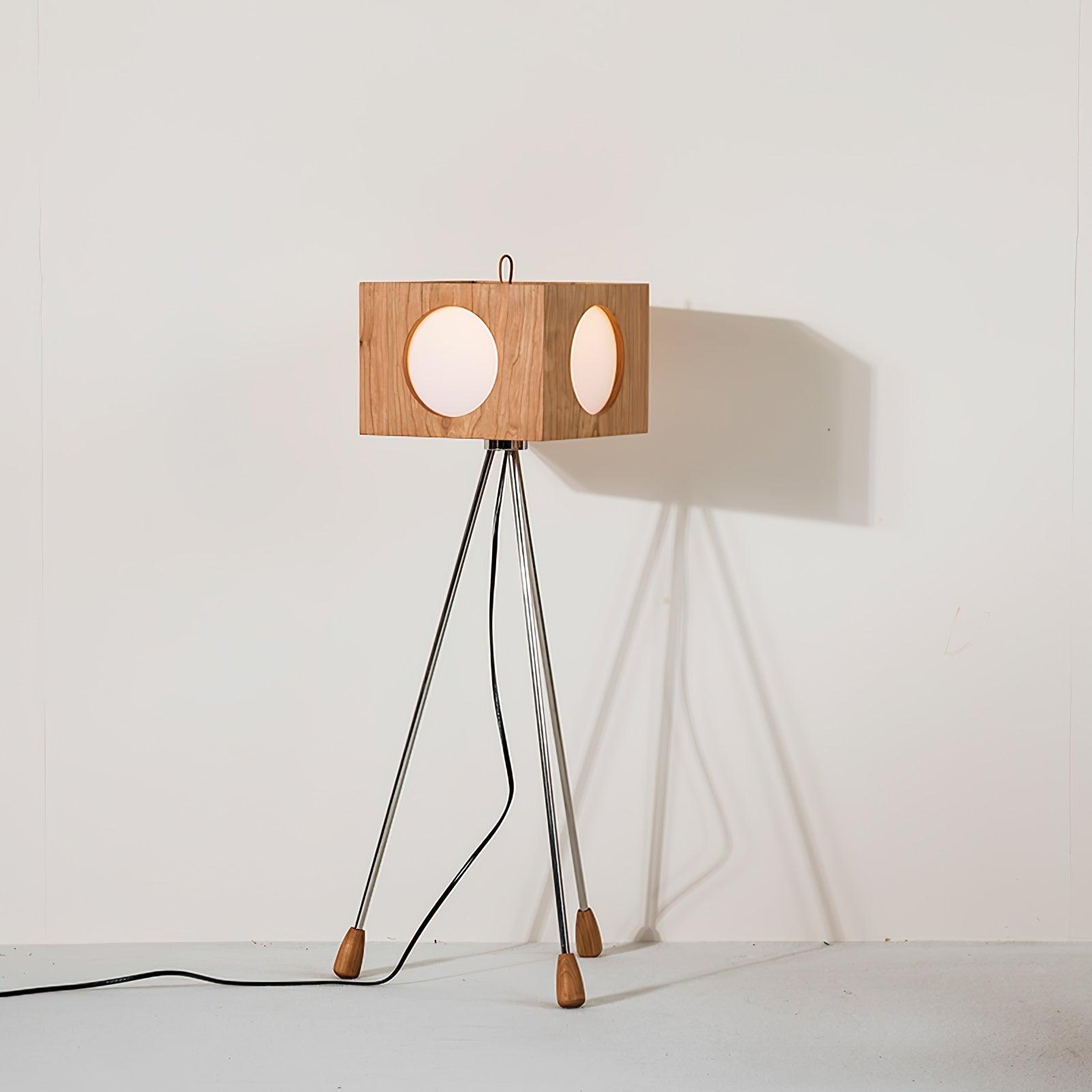 Industrial Vintage Camera Style Tripod Floor Lamp in Cherry Wood Finish