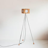 Industrial Vintage Camera Style Tripod Floor Lamp in Cherry Wood Finish