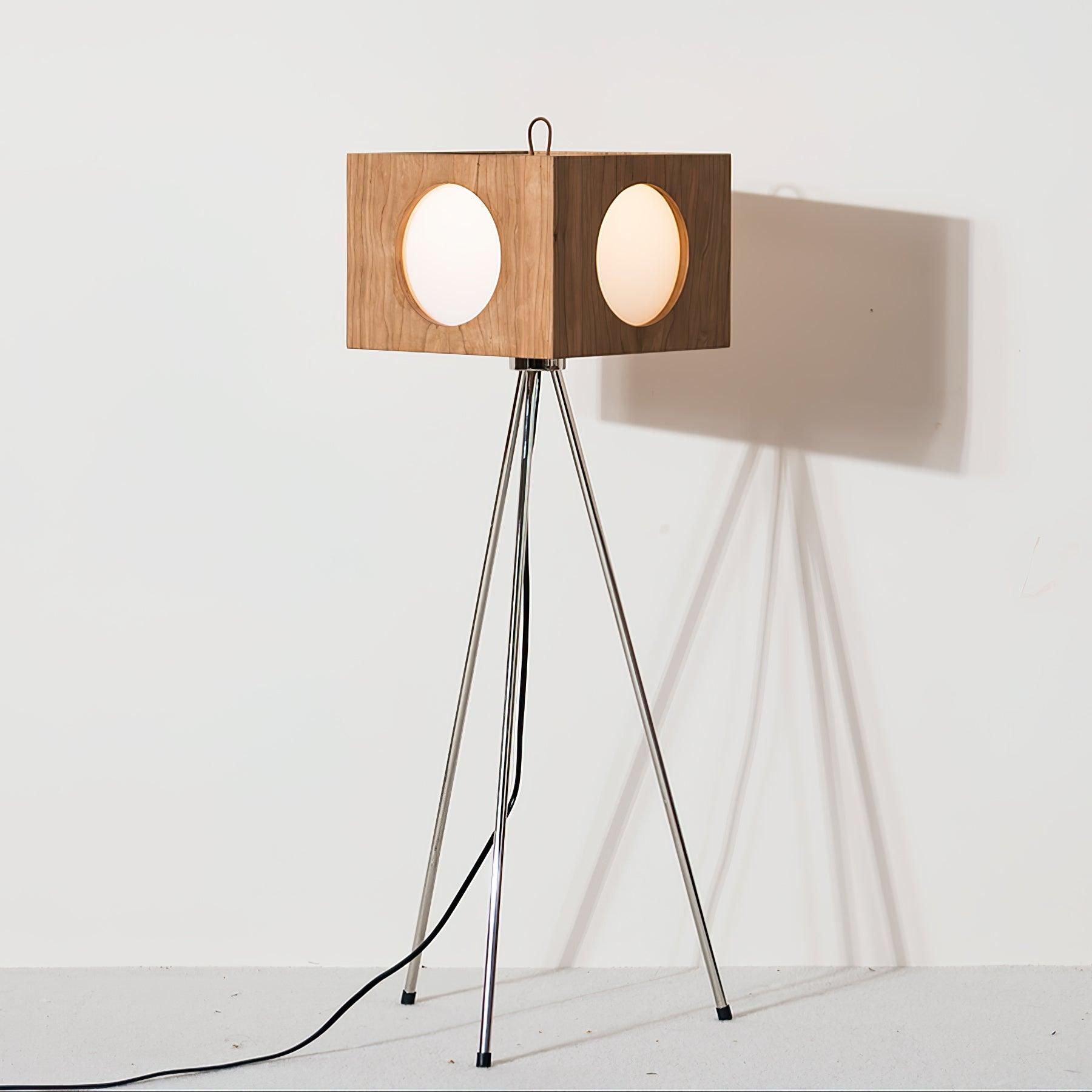 Industrial Vintage Camera Style Tripod Floor Lamp in Cherry Wood Finish