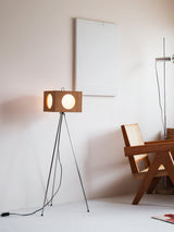 Industrial Vintage Camera Style Tripod Floor Lamp in Cherry Wood Finish