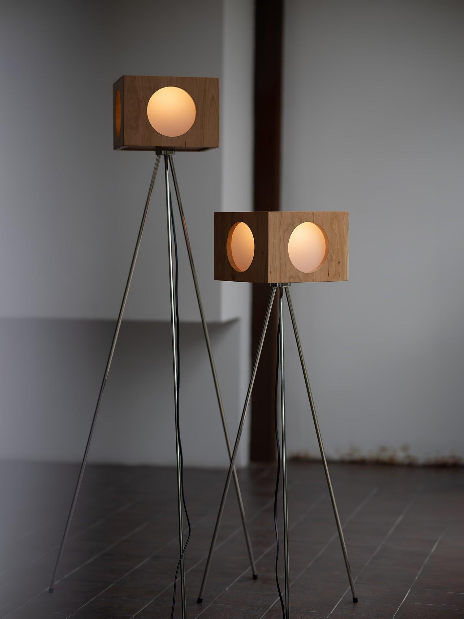 Industrial Vintage Camera Style Tripod Floor Lamp in Cherry Wood Finish