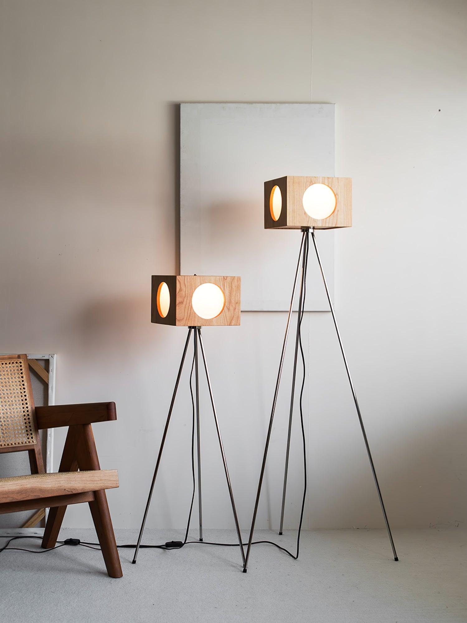 Industrial Vintage Camera Style Tripod Floor Lamp in Cherry Wood Finish