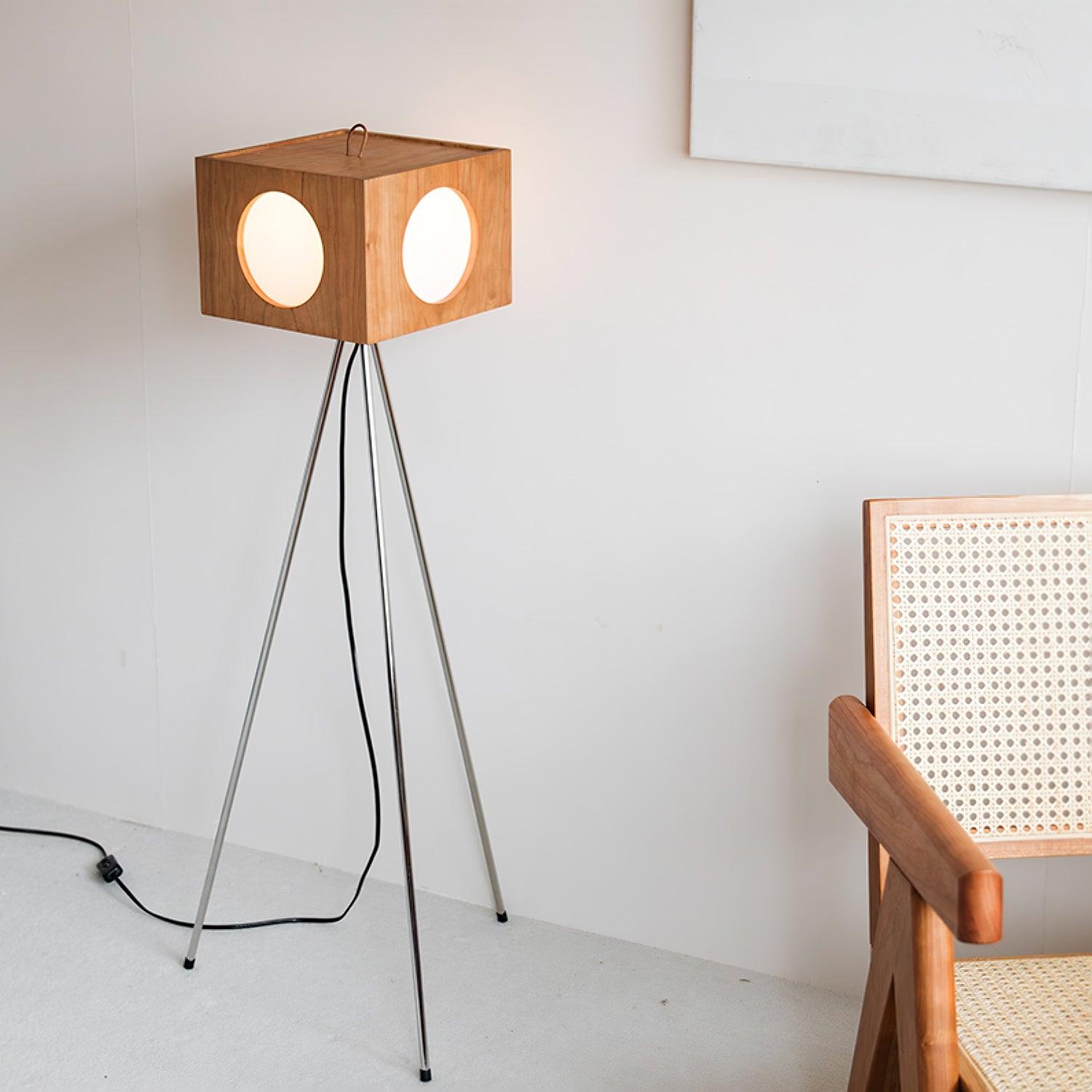 Industrial Vintage Camera Style Tripod Floor Lamp in Cherry Wood Finish