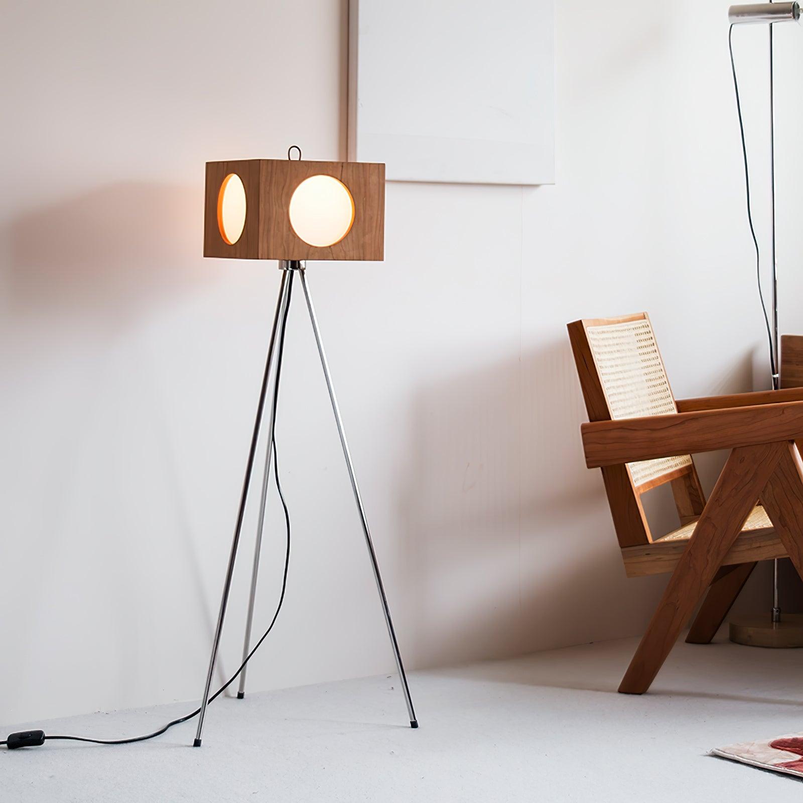 Industrial Vintage Camera Style Tripod Floor Lamp in Cherry Wood Finish