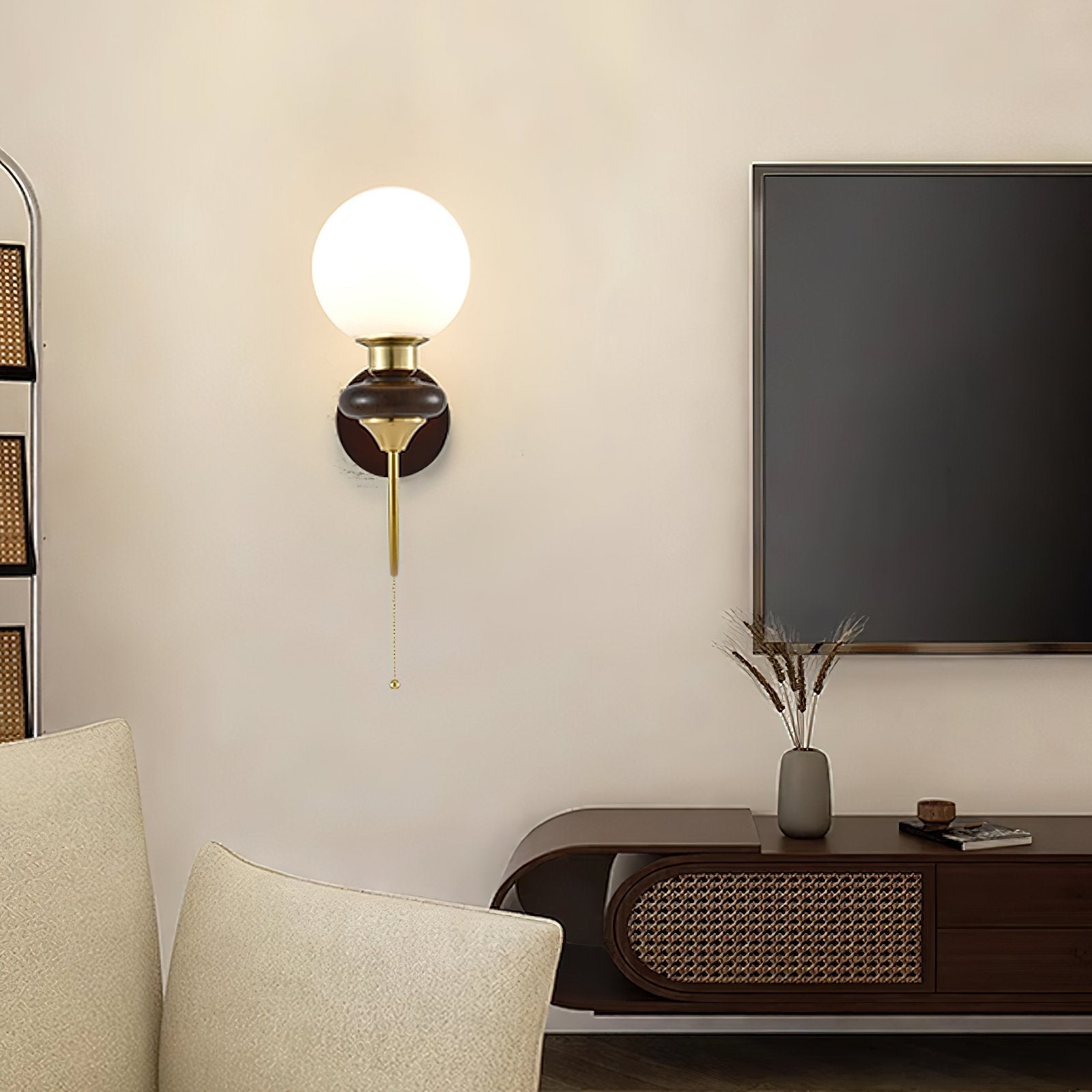 mid-century-walnut-wood-wall-sconce-lighting-with-white-glass-shade-and-pull-cord-switch