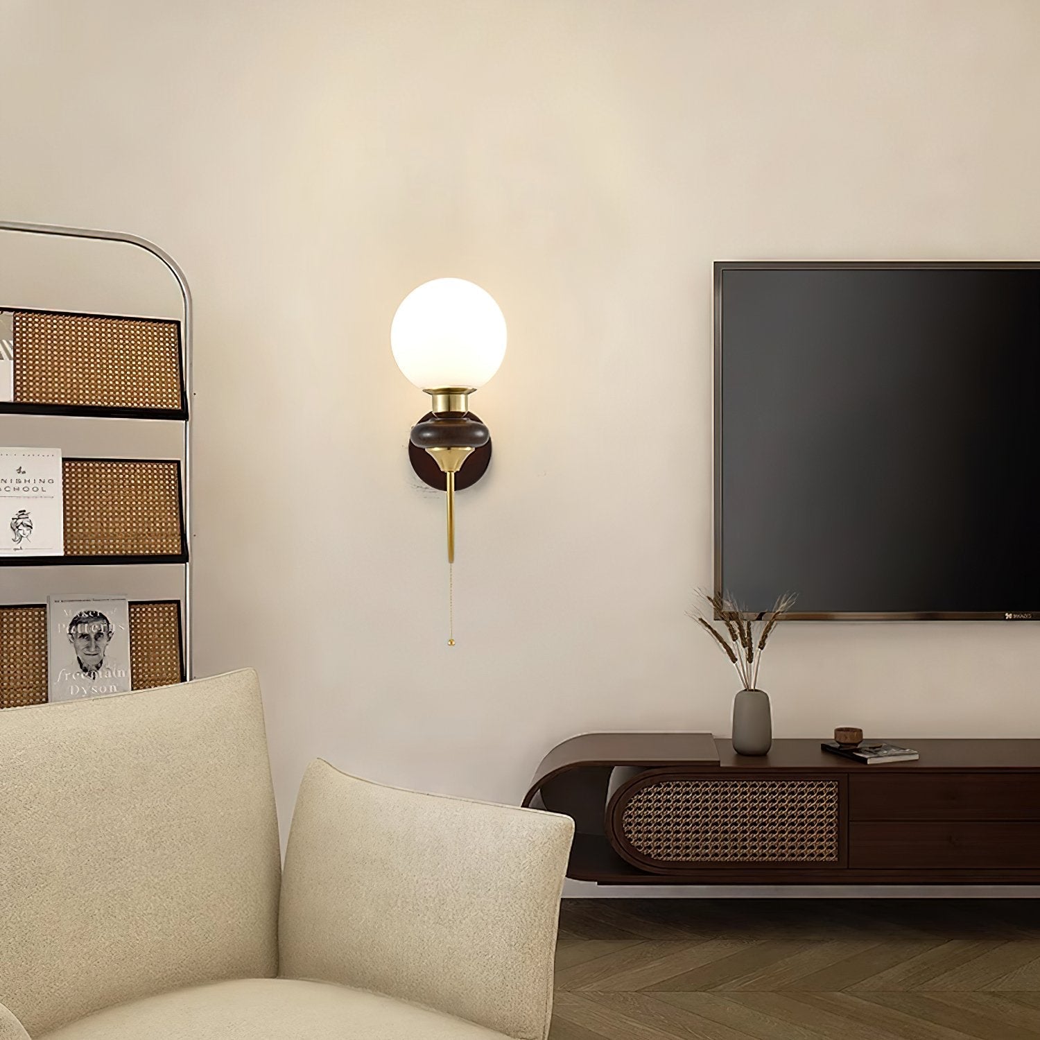 mid-century-walnut-wood-wall-sconce-lighting-with-white-glass-shade-and-pull-cord-switch