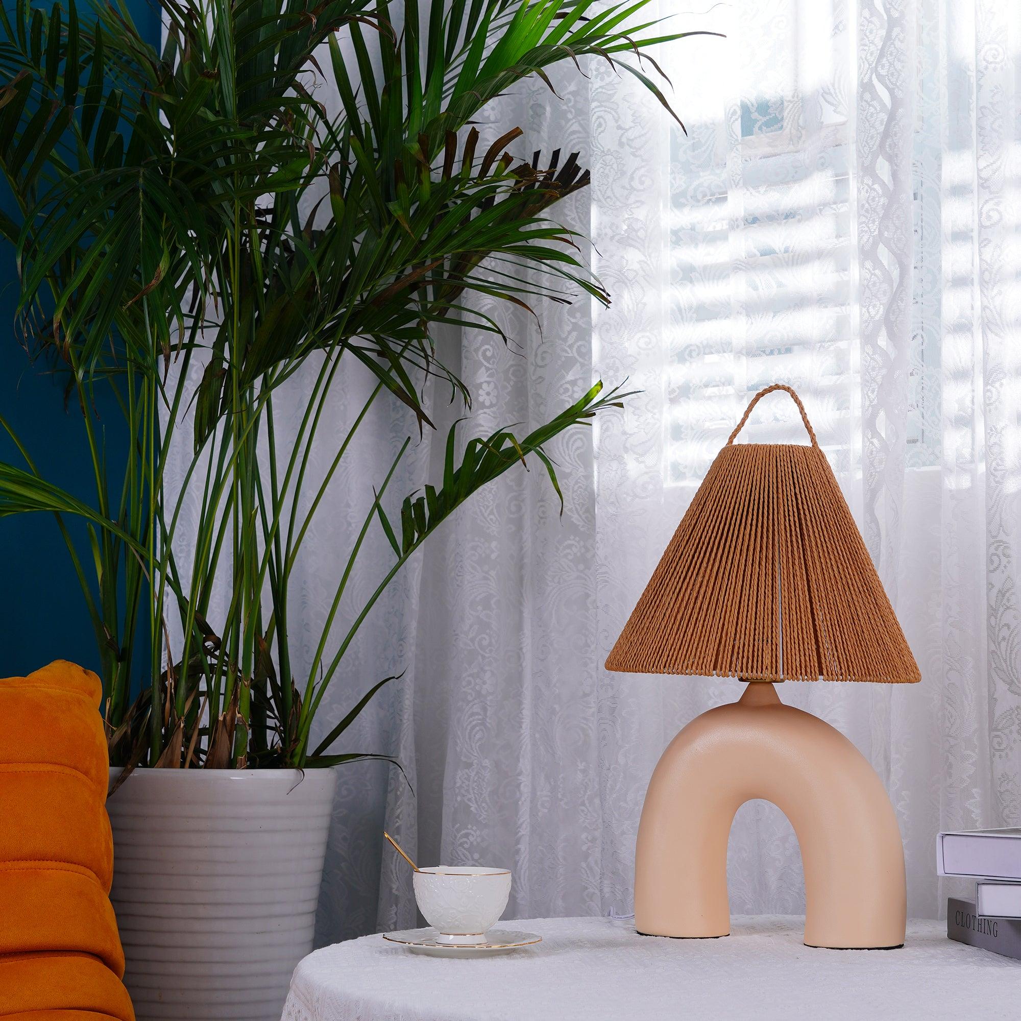 Sculptural Arched Ceramic Table Lamp with Braided Rope Shade and Handcrafted Base
