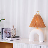 Sculptural Arched Ceramic Table Lamp with Braided Rope Shade and Handcrafted Base