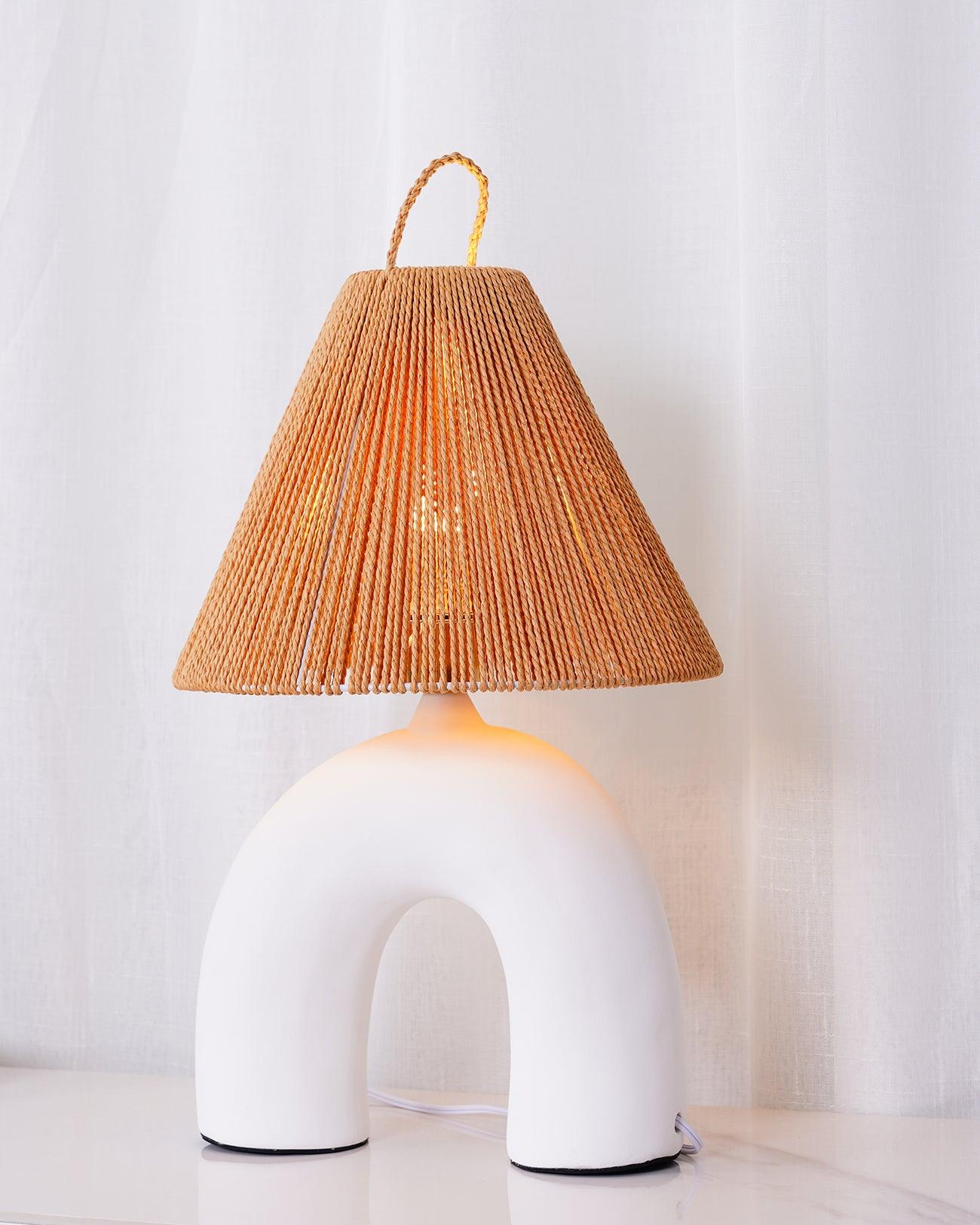 Sculptural Arched Ceramic Table Lamp with Braided Rope Shade and Handcrafted Base