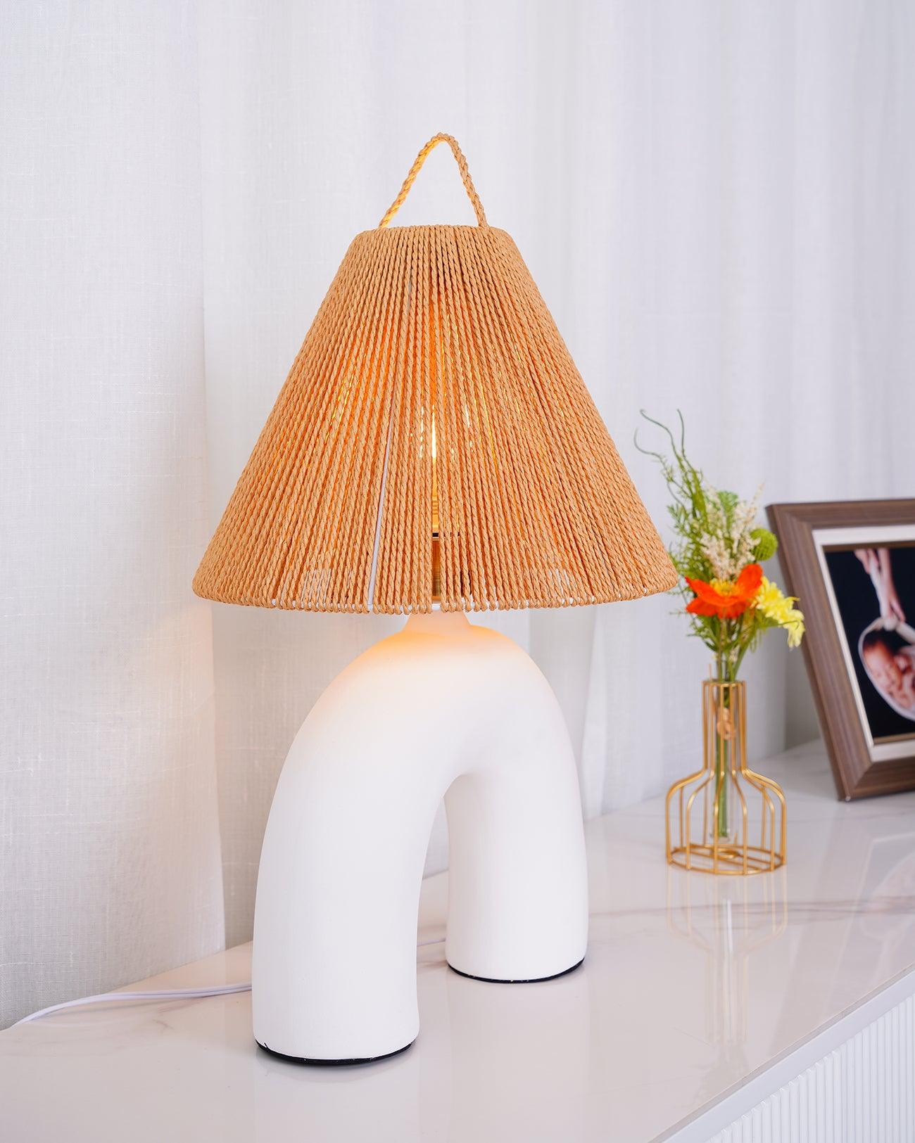 Sculptural Arched Ceramic Table Lamp with Braided Rope Shade and Handcrafted Base