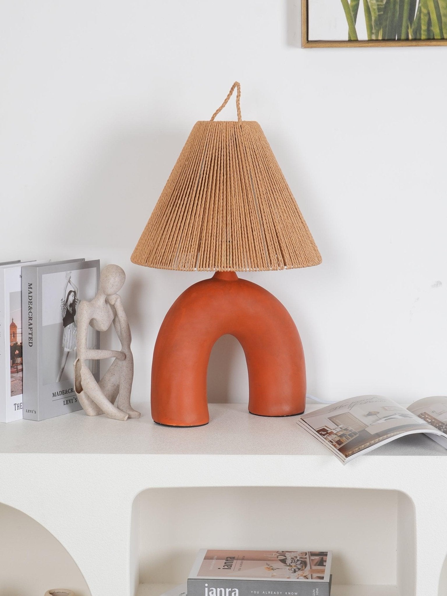 Sculptural Arched Ceramic Table Lamp with Braided Rope Shade and Handcrafted Base
