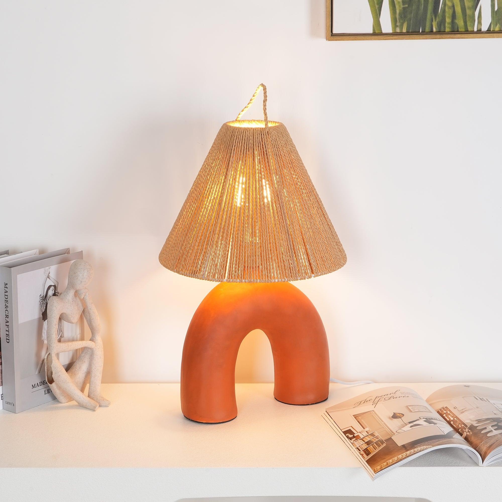 Sculptural Arched Ceramic Table Lamp with Braided Rope Shade and Handcrafted Base