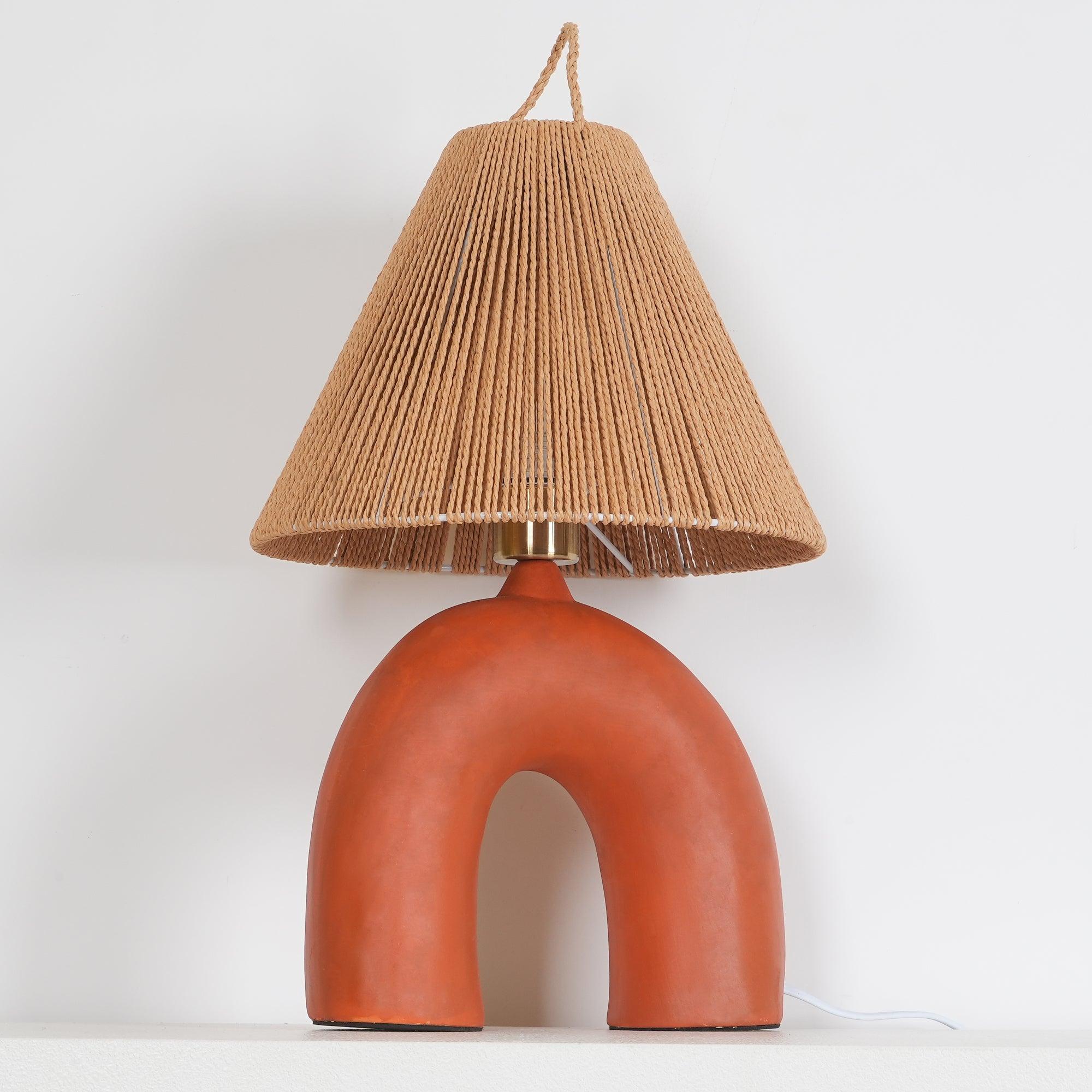 Sculptural Arched Ceramic Table Lamp with Braided Rope Shade and Handcrafted Base