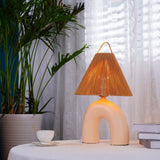Sculptural Arched Ceramic Table Lamp with Braided Rope Shade and Handcrafted Base