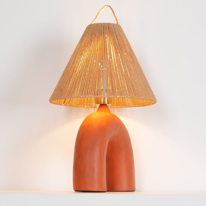 Sculptural Arched Ceramic Table Lamp with Braided Rope Shade and Handcrafted Base