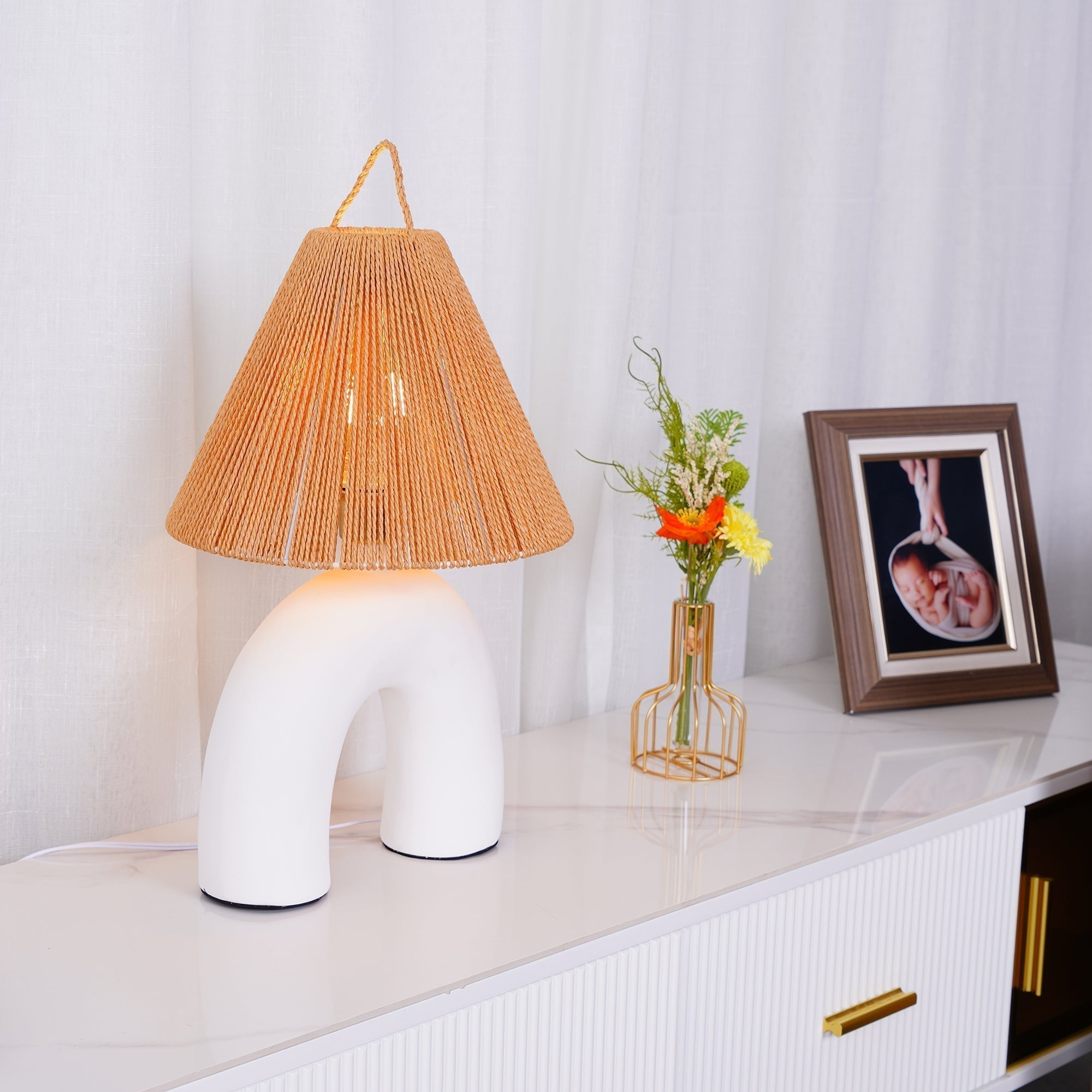 Sculptural Arched Ceramic Table Lamp with Braided Rope Shade and Handcrafted Base