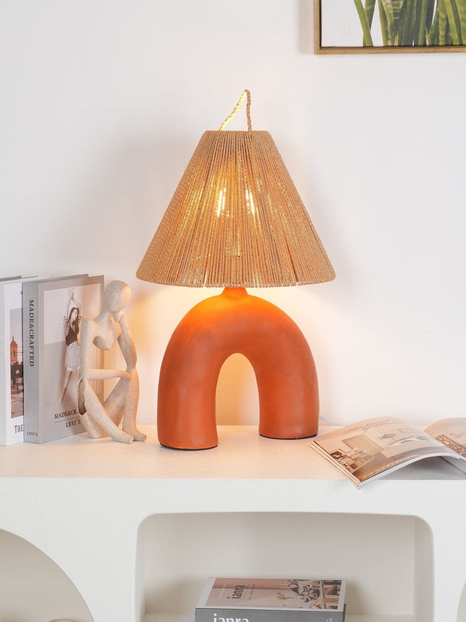 Sculptural Arched Ceramic Table Lamp with Braided Rope Shade and Handcrafted Base