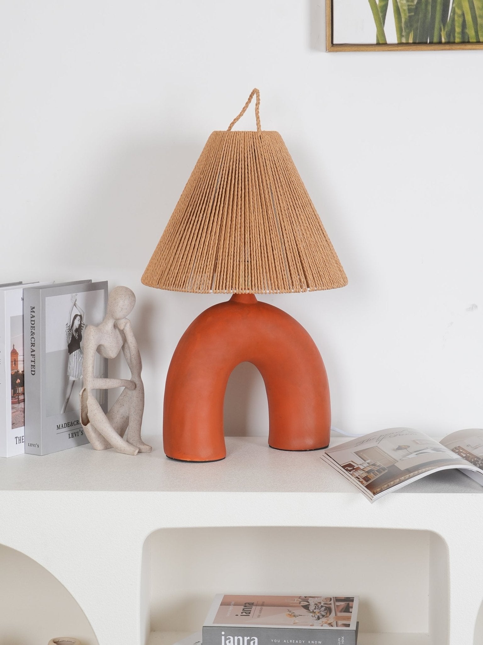 Sculptural Arched Ceramic Table Lamp with Braided Rope Shade and Handcrafted Base