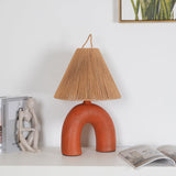 Sculptural Arched Ceramic Table Lamp with Braided Rope Shade and Handcrafted Base