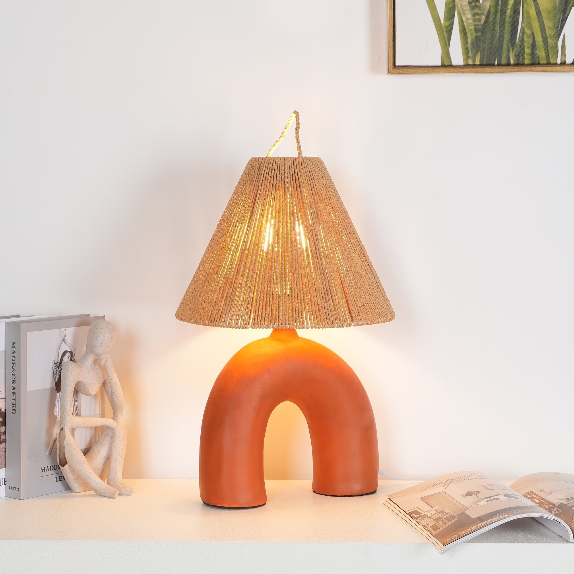 Sculptural Arched Ceramic Table Lamp with Braided Rope Shade and Handcrafted Base