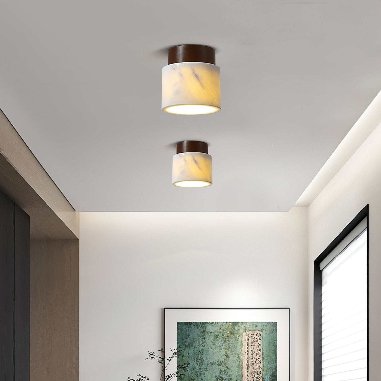 modern-walnut-wood-and-ripple-marble-flush-mount-ceiling-light-with-globe-glass-shade