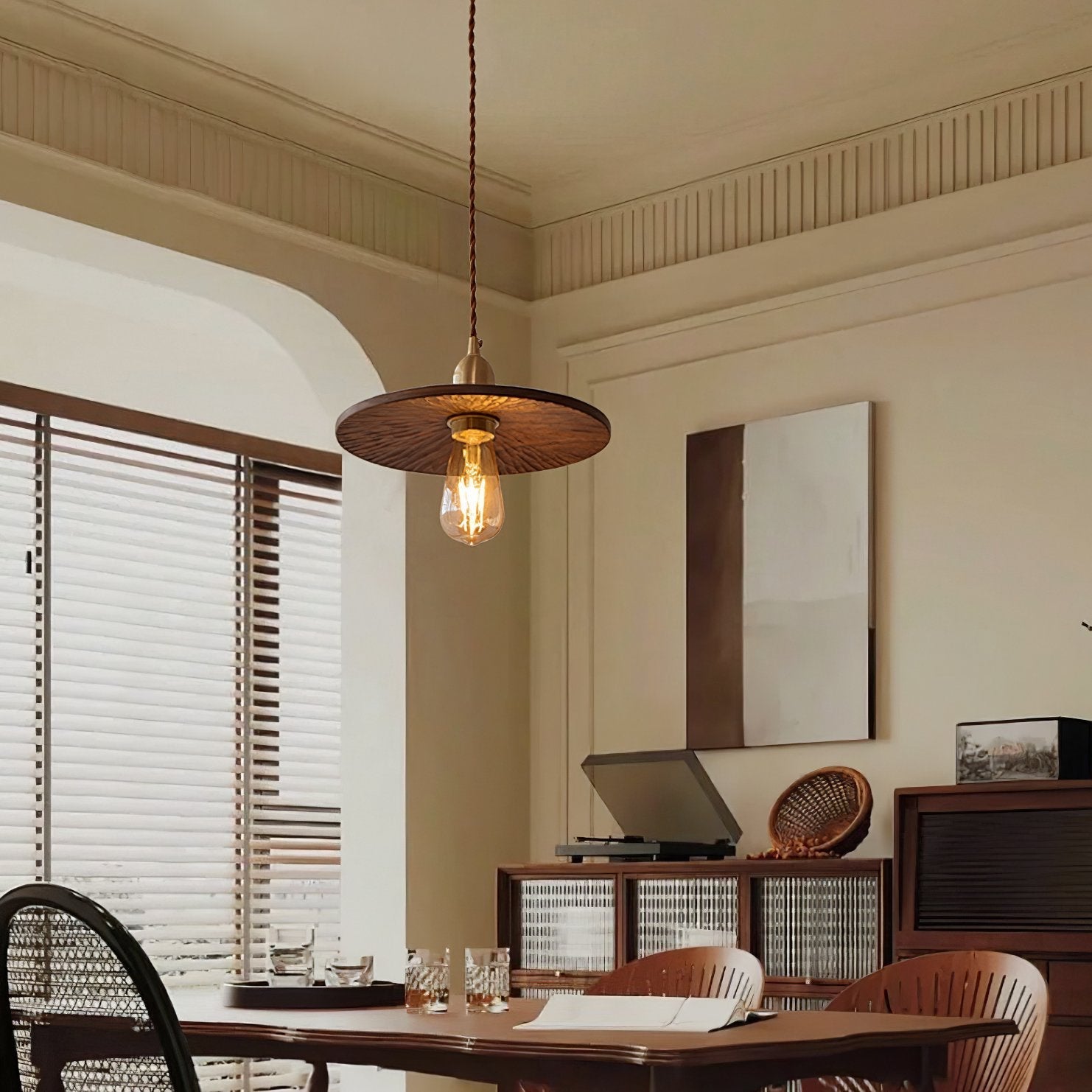 mid-century-modern-walnut-and-brass-flying-saucer-pendant-lamp-for-dining-room-and-bedroom