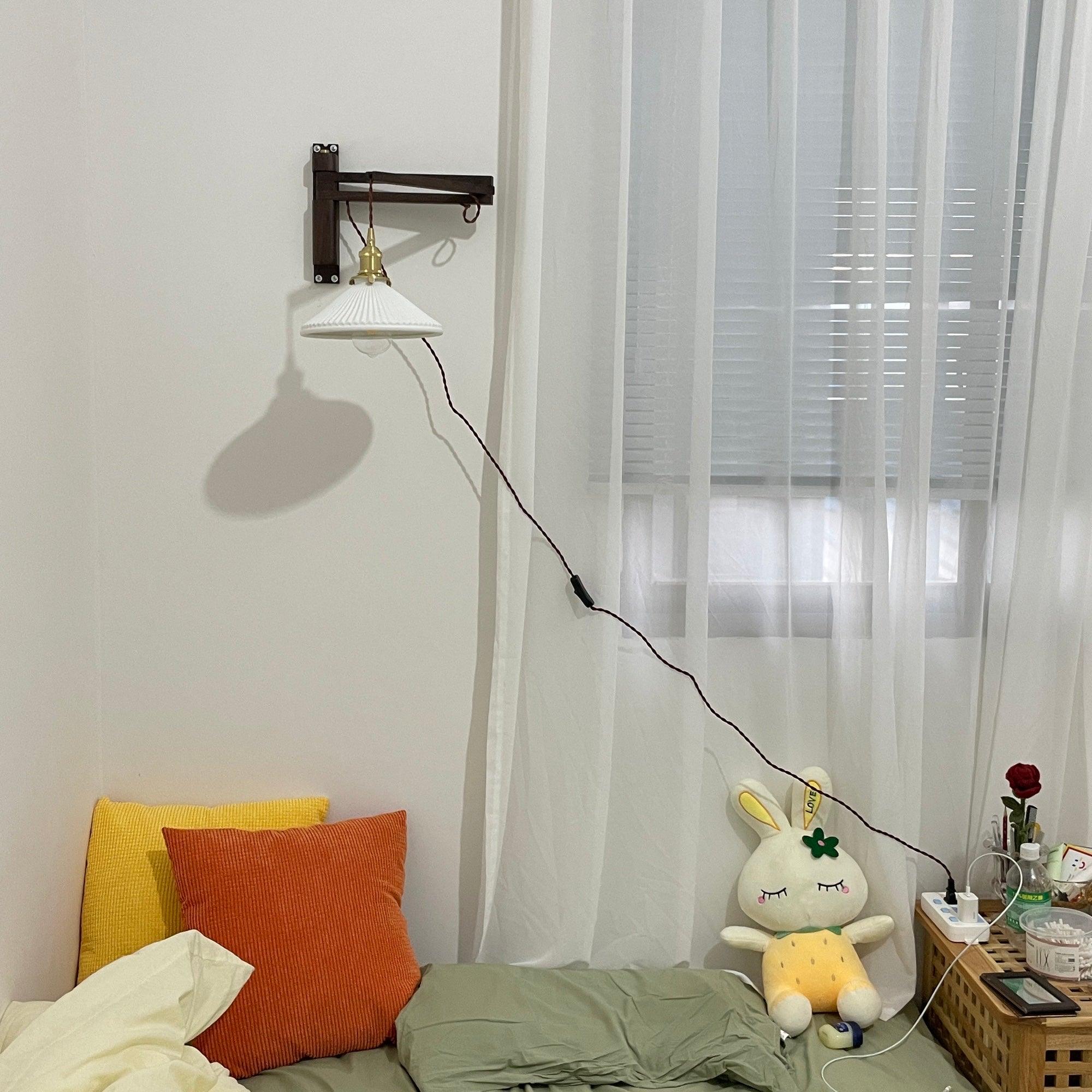 modern-walnut-wood-retractable-wall-sconce-with-pleated-ceramic-shade-and-adjustable-arm