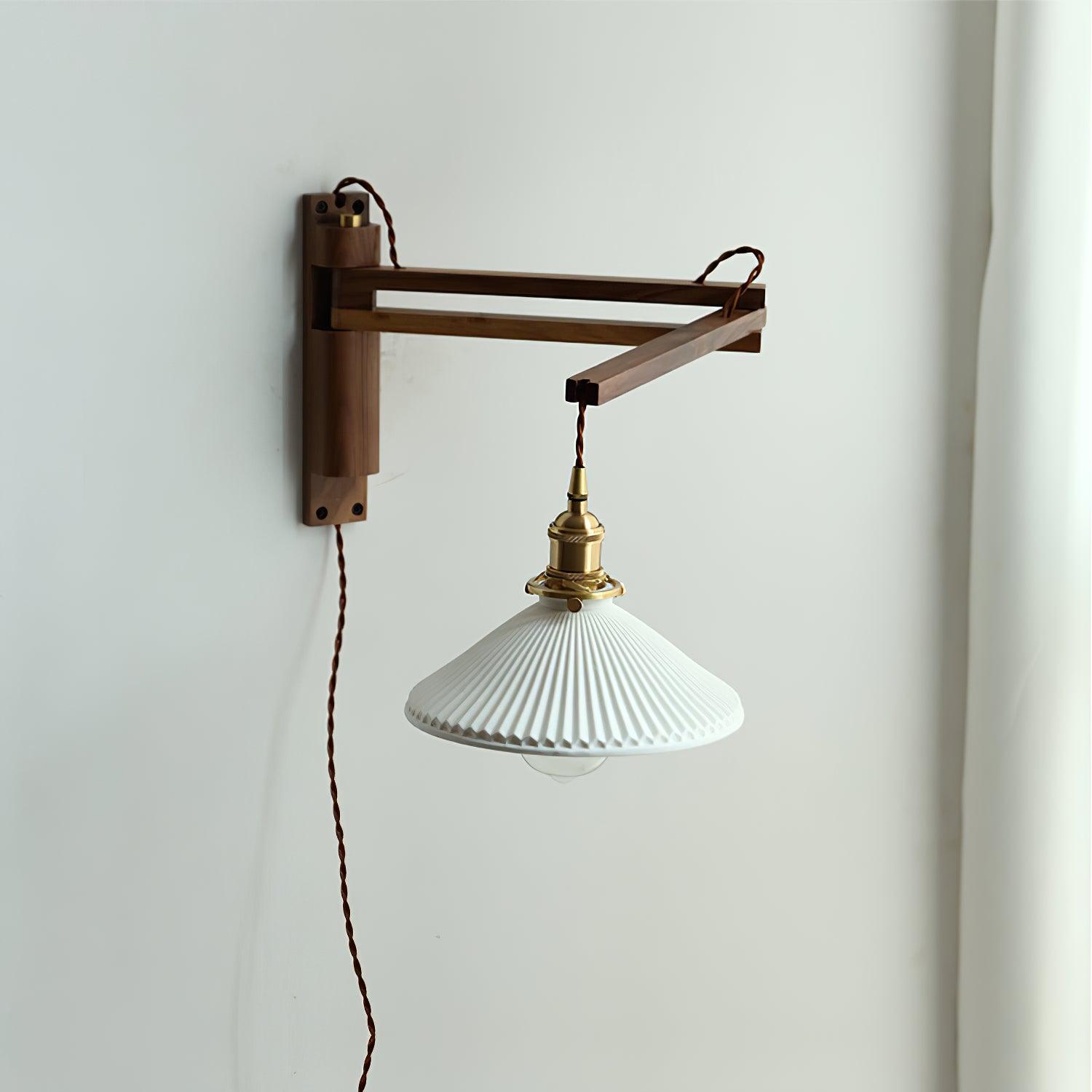 modern-walnut-wood-retractable-wall-sconce-with-pleated-ceramic-shade-and-adjustable-arm