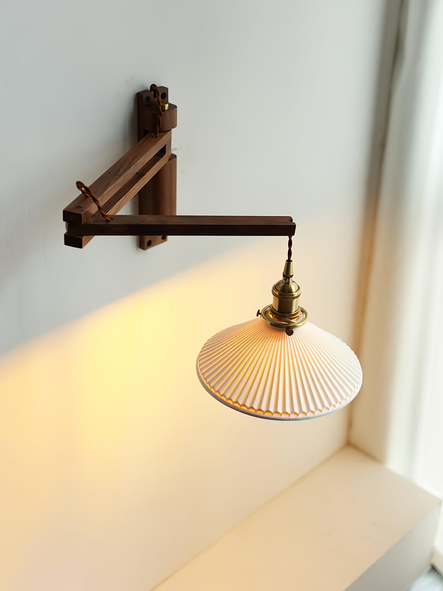 modern-walnut-wood-retractable-wall-sconce-with-pleated-ceramic-shade-and-adjustable-arm