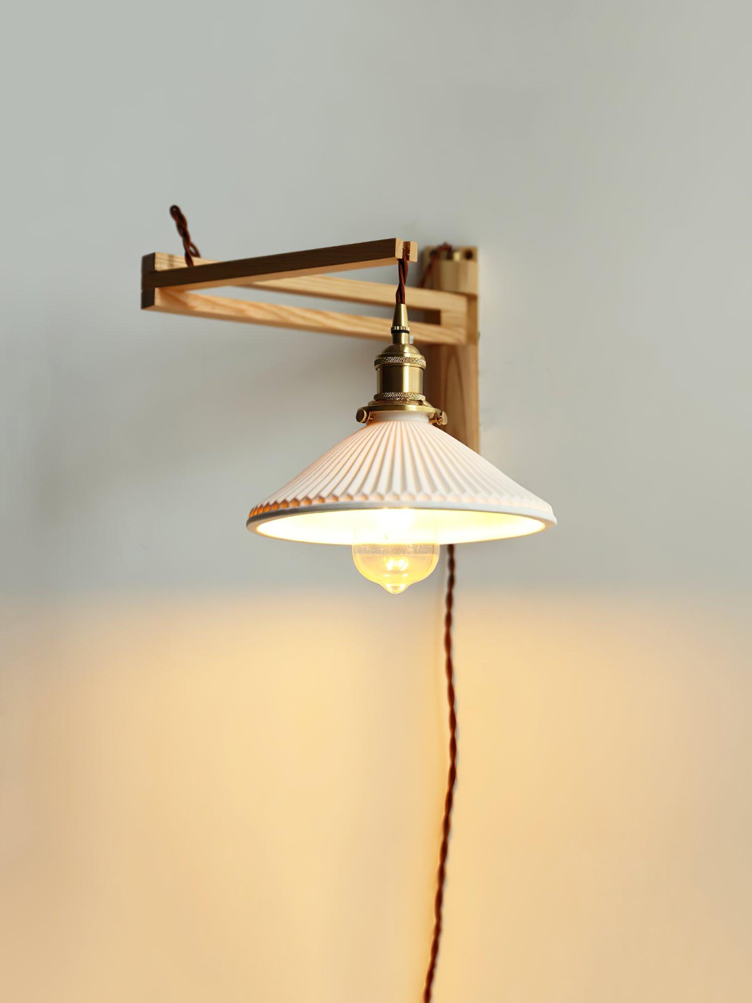 modern-walnut-wood-retractable-wall-sconce-with-pleated-ceramic-shade-and-adjustable-arm