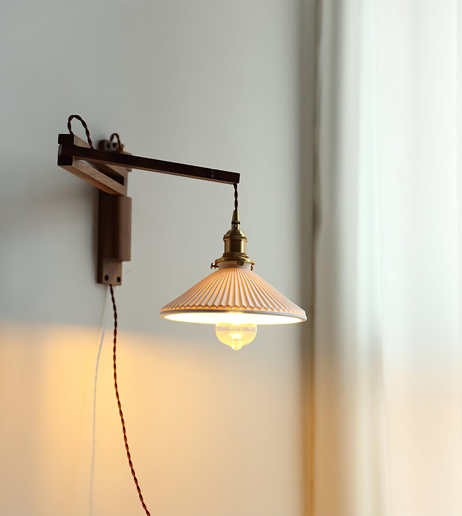 modern-walnut-wood-retractable-wall-sconce-with-pleated-ceramic-shade-and-adjustable-arm