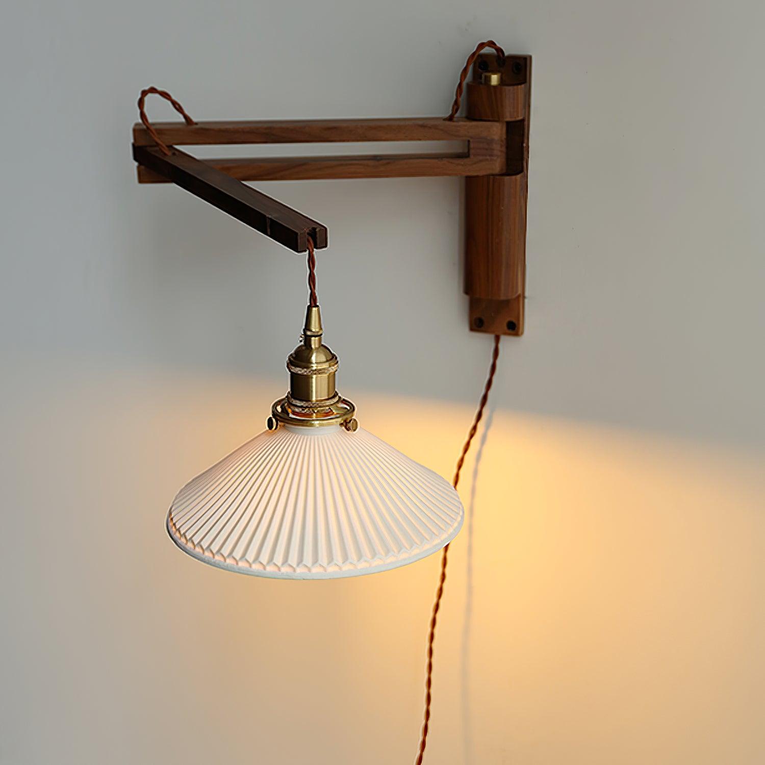 modern-walnut-wood-retractable-wall-sconce-with-pleated-ceramic-shade-and-adjustable-arm