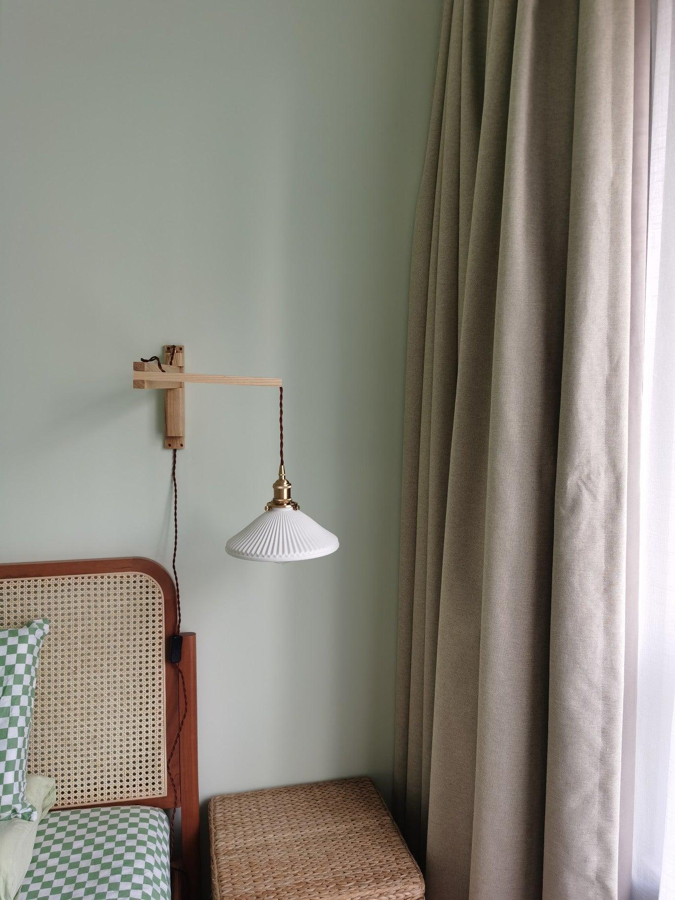 modern-walnut-wood-retractable-wall-sconce-with-pleated-ceramic-shade-and-adjustable-arm