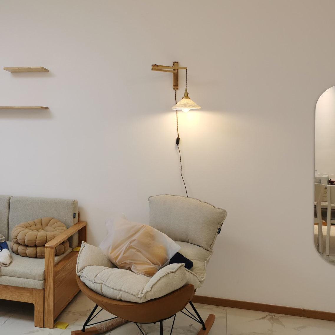 modern-walnut-wood-retractable-wall-sconce-with-pleated-ceramic-shade-and-adjustable-arm