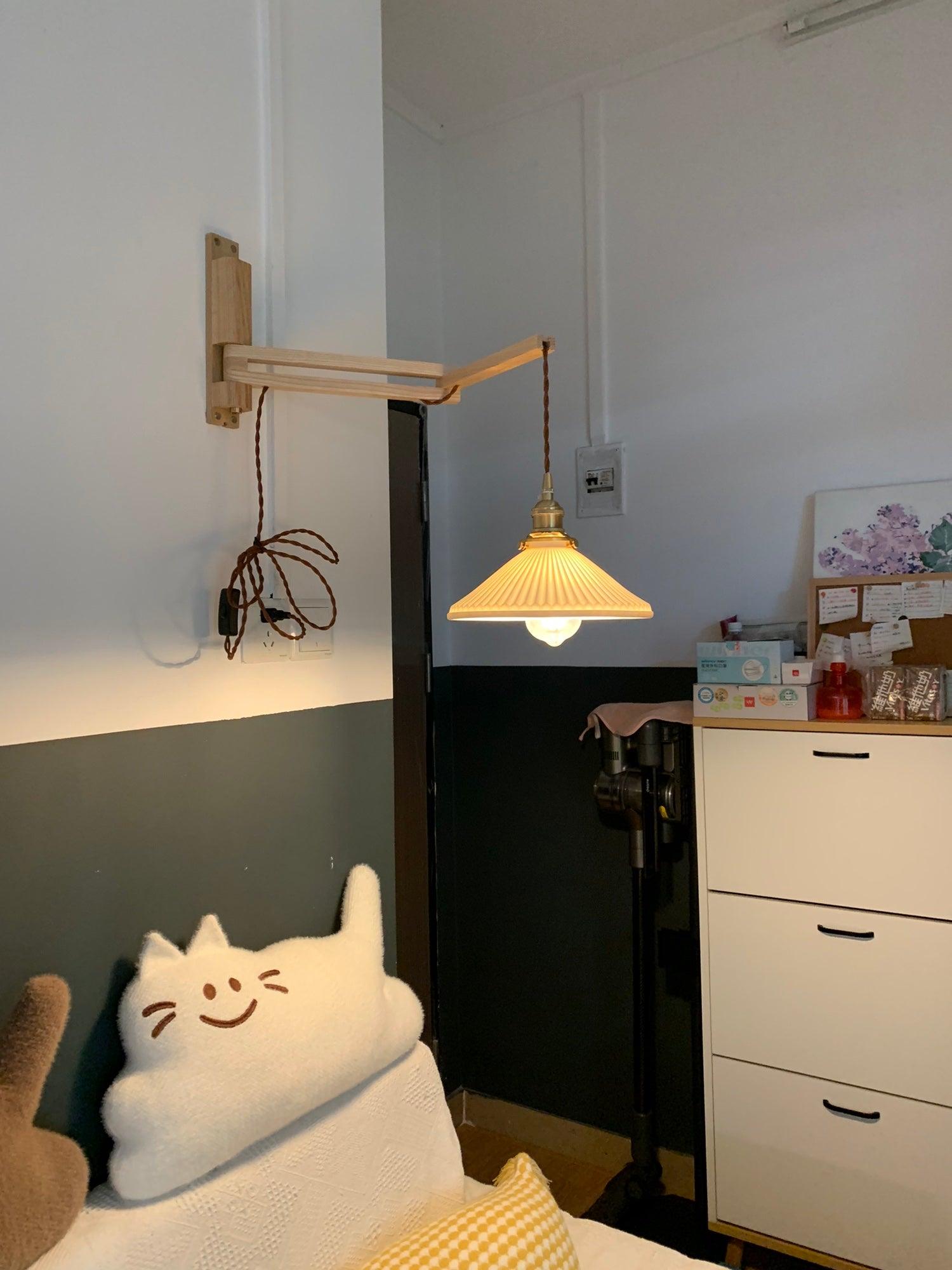 modern-walnut-wood-retractable-wall-sconce-with-pleated-ceramic-shade-and-adjustable-arm