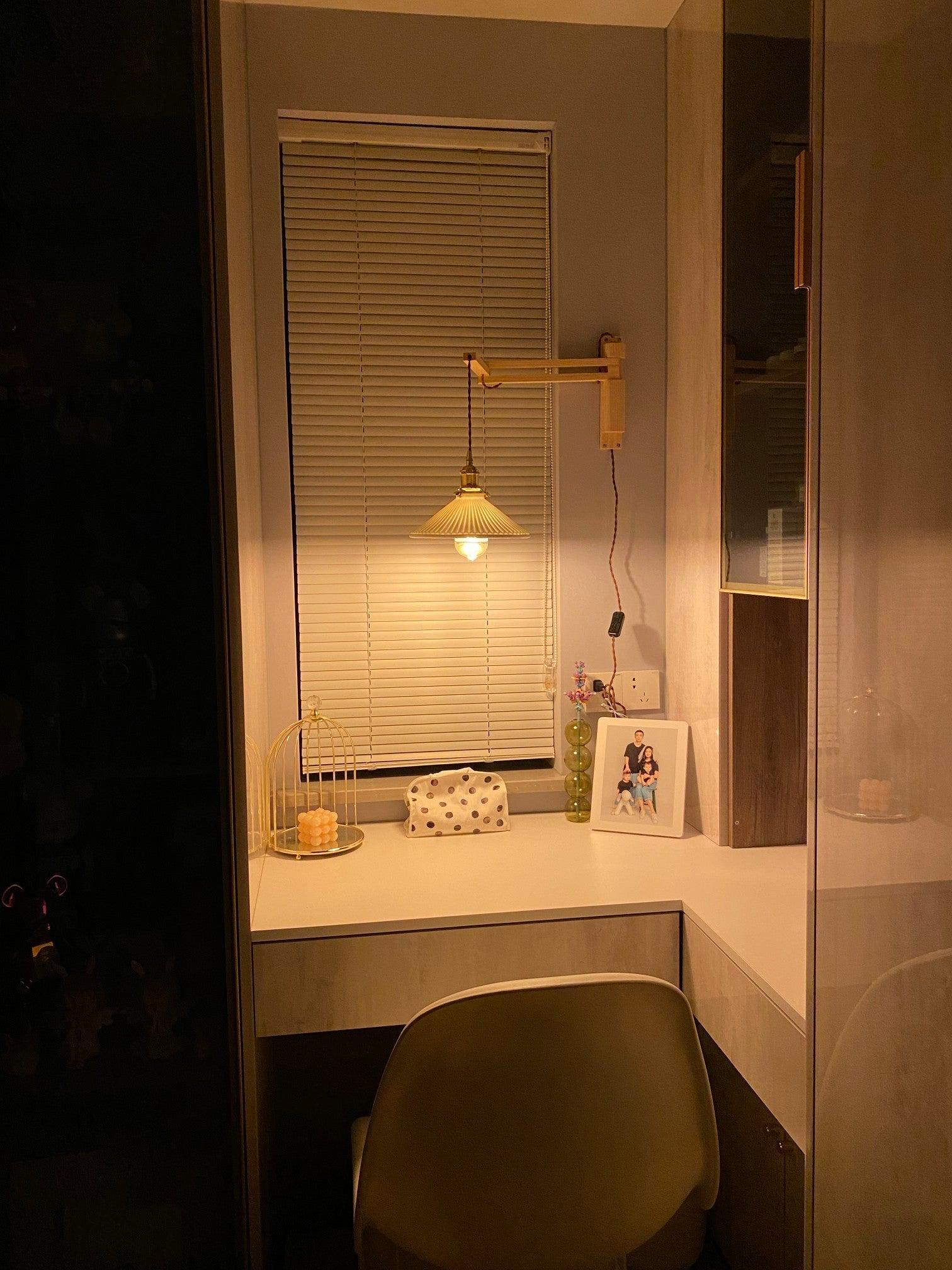 modern-walnut-wood-retractable-wall-sconce-with-pleated-ceramic-shade-and-adjustable-arm