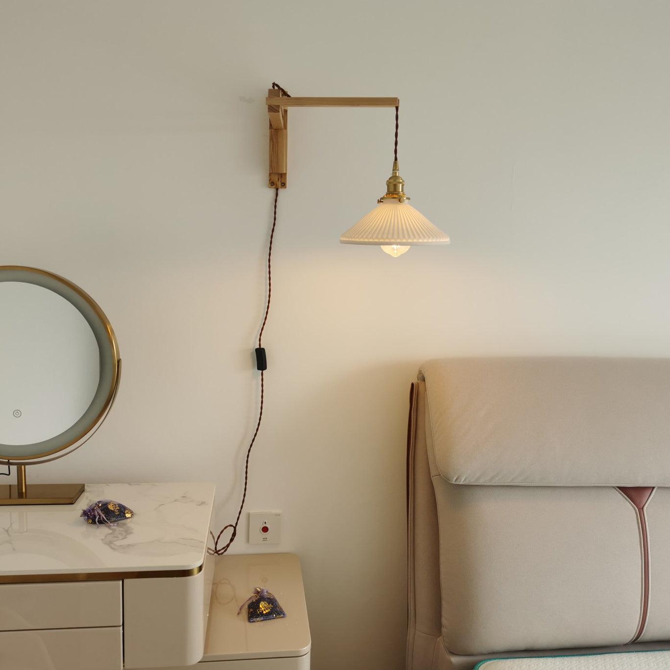 modern-walnut-wood-retractable-wall-sconce-with-pleated-ceramic-shade-and-adjustable-arm