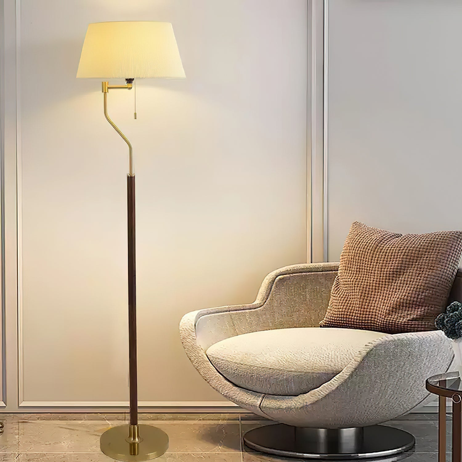 Modern Arched Floor Lamp with Walnut Pole and Gold Iron Base Standing Light