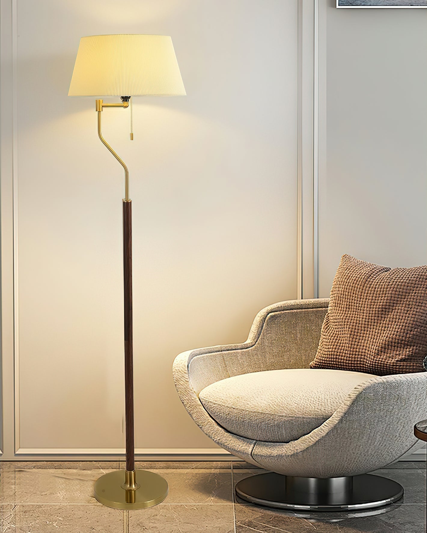 Modern Arched Floor Lamp with Walnut Pole and Gold Iron Base Standing Light