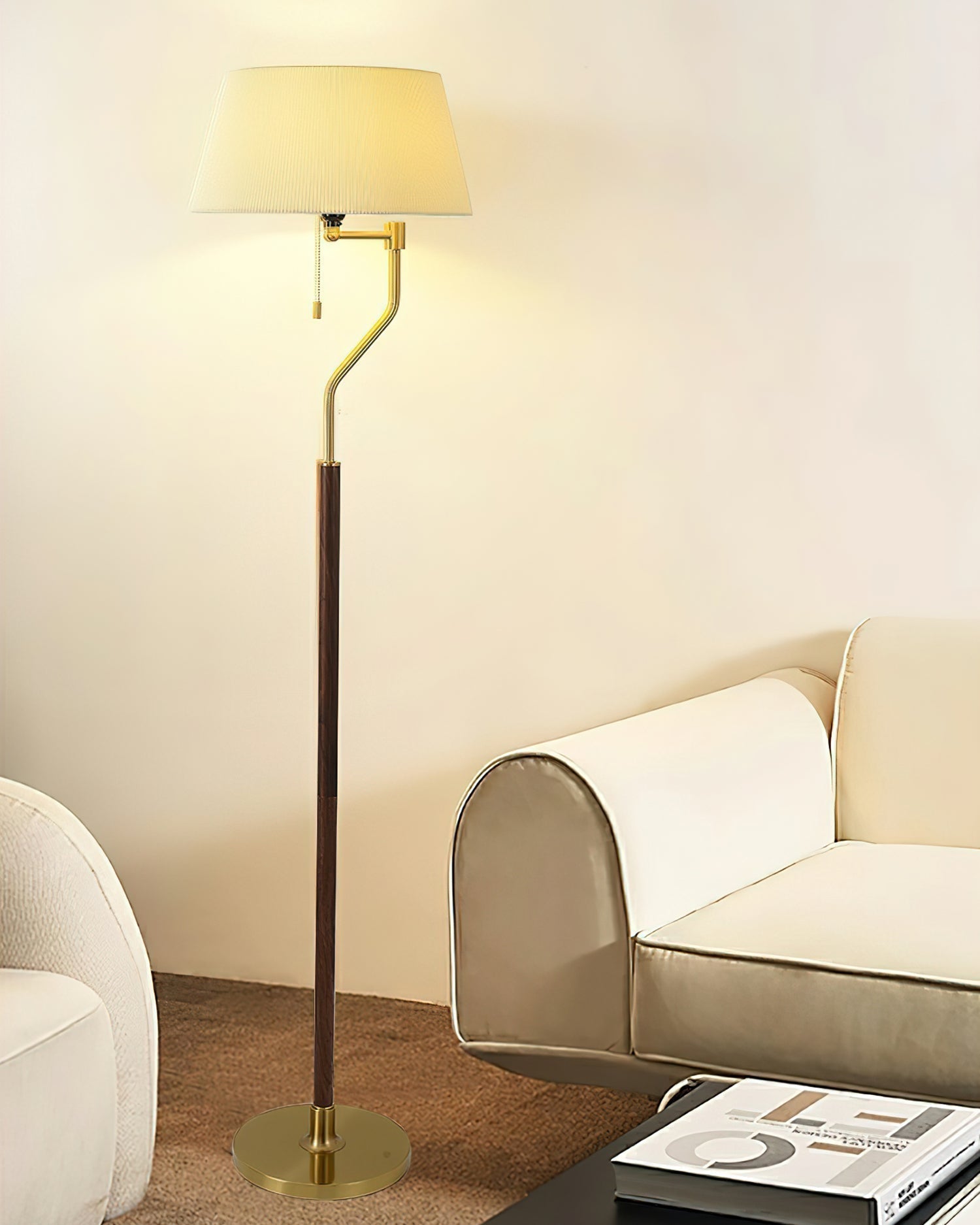 Modern Arched Floor Lamp with Walnut Pole and Gold Iron Base Standing Light