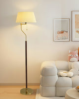 Modern Arched Floor Lamp with Walnut Pole and Gold Iron Base Standing Light