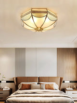 Vintage Brass Dome Ceiling Light with White Glass Shade Flush Mount Industrial Lamp