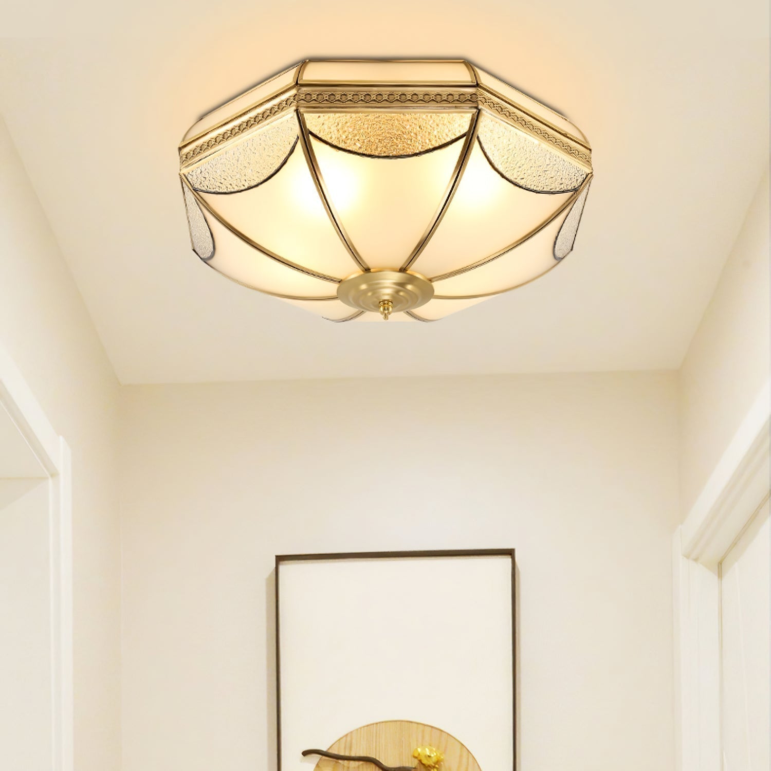 Vintage Brass Dome Ceiling Light with White Glass Shade Flush Mount Industrial Lamp