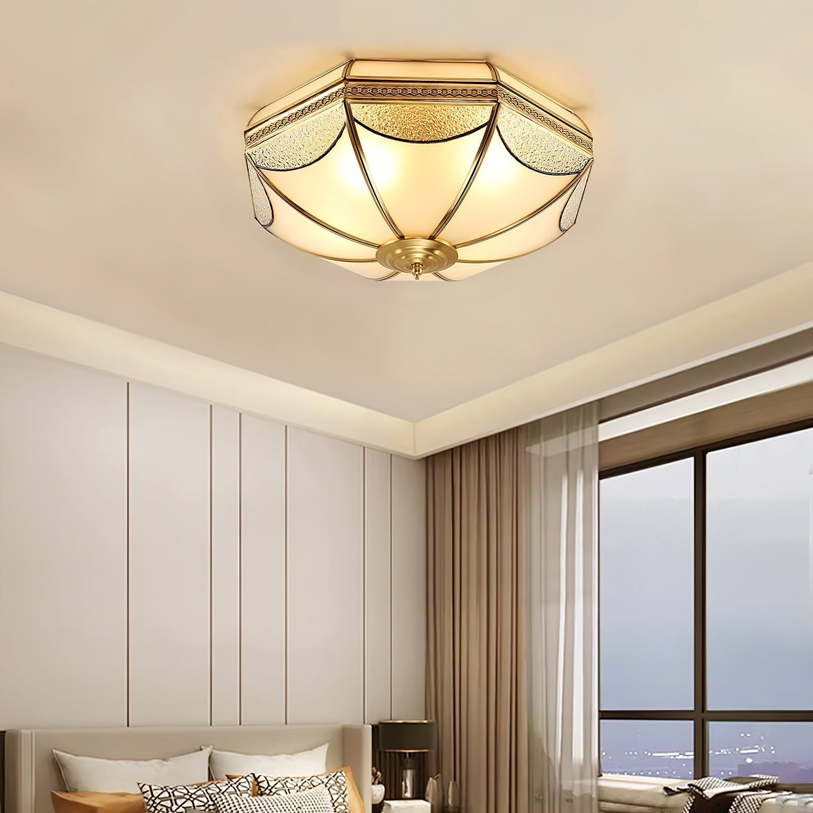 Vintage Brass Dome Ceiling Light with White Glass Shade Flush Mount Industrial Lamp